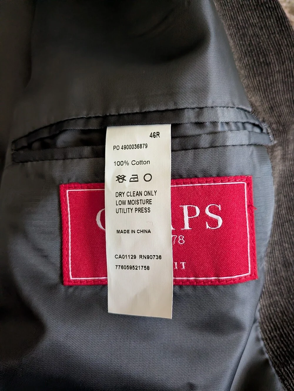 NWT Chaps Slim Fit Grey Cotton Corduroy 2-Button Blazer Jacket Men's 46R